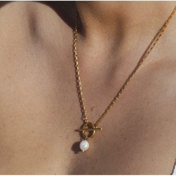 Waterproof Gold Toggle Necklace with Baroque Pearl Gold Chain Necklace Pearl - Picture 9 of 9